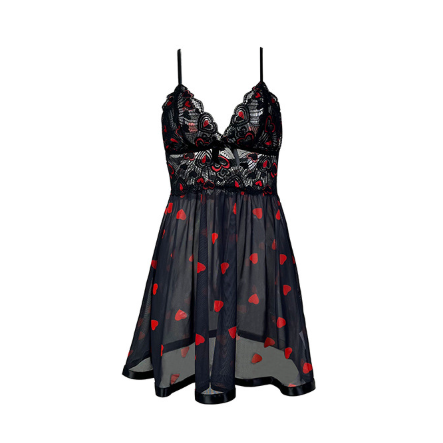 Black See through Lace Nightdress Heart Printing Deep V Plunge Mesh Camisole Pajamas Sexy Home Wear