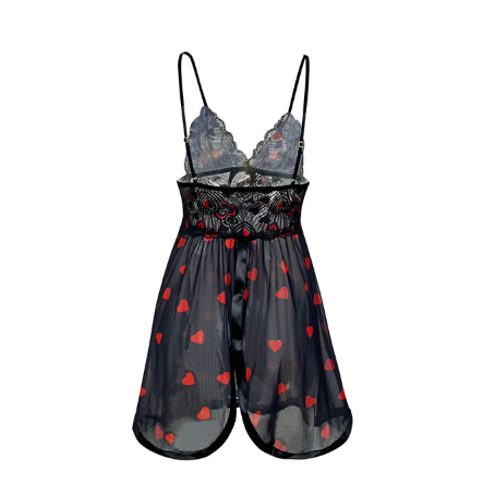 Black See through Lace Nightdress Heart Printing Deep V Plunge Mesh Camisole Pajamas Sexy Home Wear