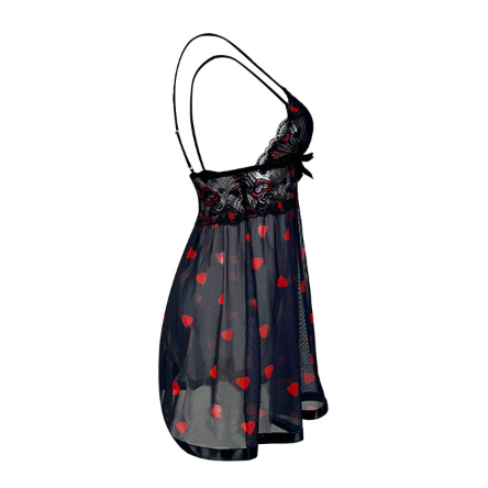 Black See through Lace Nightdress Heart Printing Deep V Plunge Mesh Camisole Pajamas Sexy Home Wear