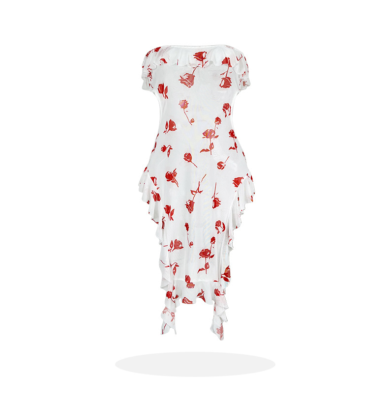 Rose Print Tube Top Mesh Nightdress Ruffled Hollow Out Cutout Sexy Dress
