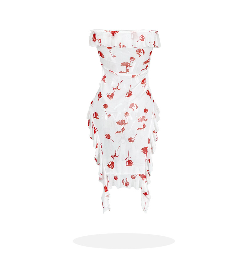 Rose Print Tube Top Mesh Nightdress Ruffled Hollow Out Cutout Sexy Dress