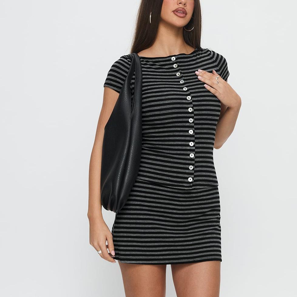Women Slim Fit Short Sleeved Knitted Top Striped Knitted Overskirt