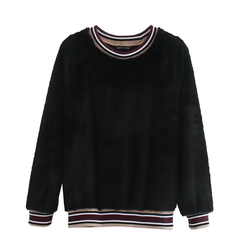 Autumn Winter Women Clothing All Match Fur Contrast Color Thread Collar Pullover Top