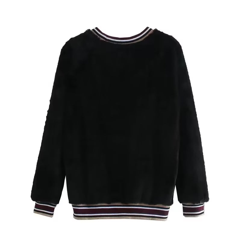Autumn Winter Women Clothing All Match Fur Contrast Color Thread Collar Pullover Top