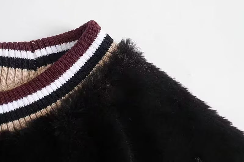 Autumn Winter Women Clothing All Match Fur Contrast Color Thread Collar Pullover Top