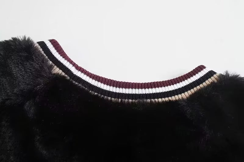 Autumn Winter Women Clothing All Match Fur Contrast Color Thread Collar Pullover Top