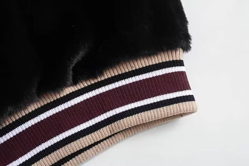 Autumn Winter Women Clothing All Match Fur Contrast Color Thread Collar Pullover Top