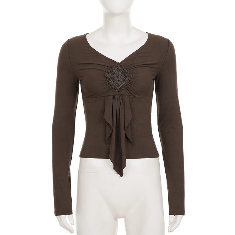 Retro Solid Color V neck Design Long Sleeve T shirt Women Irregular Asymmetric Pleated Slim Fit Slimming Top
