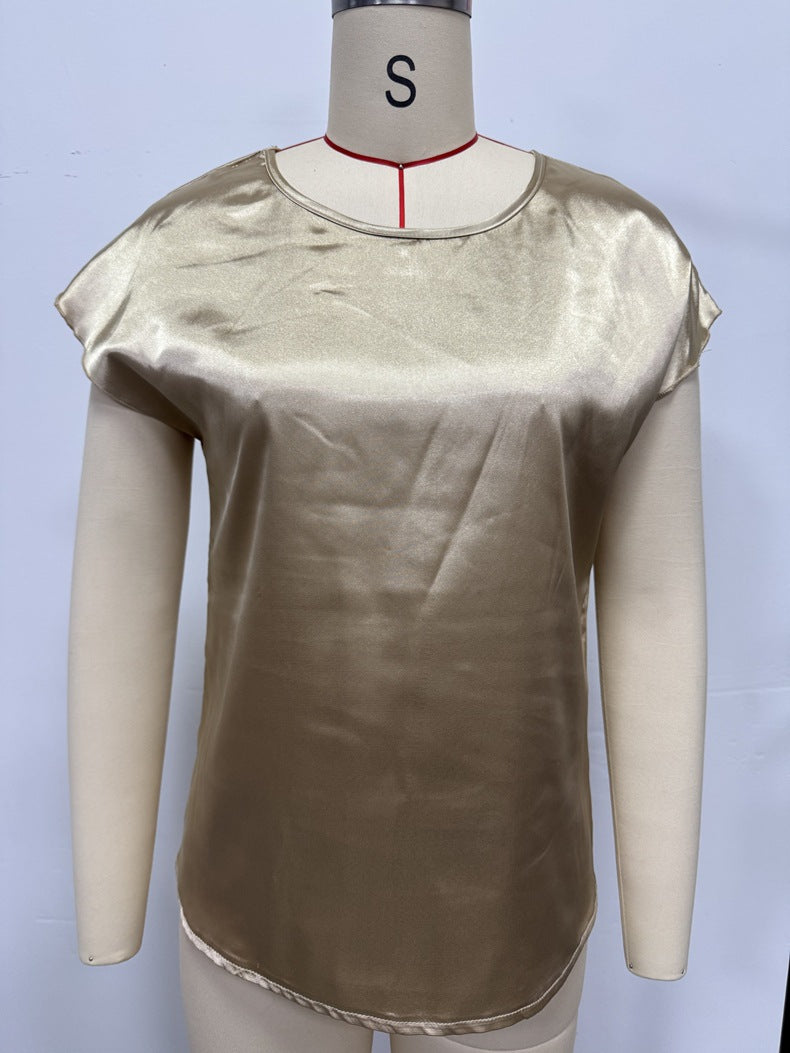 Summer Women Solid Color Casual Top Batwing Sleeve Satin round Neck Artificial Silk Women