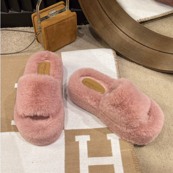 Thick Bottom Furry Hyoma Single Strap Slides Women Outer Wear Wedge Solid Color Sweet Flat Bottom Cotton Slippers