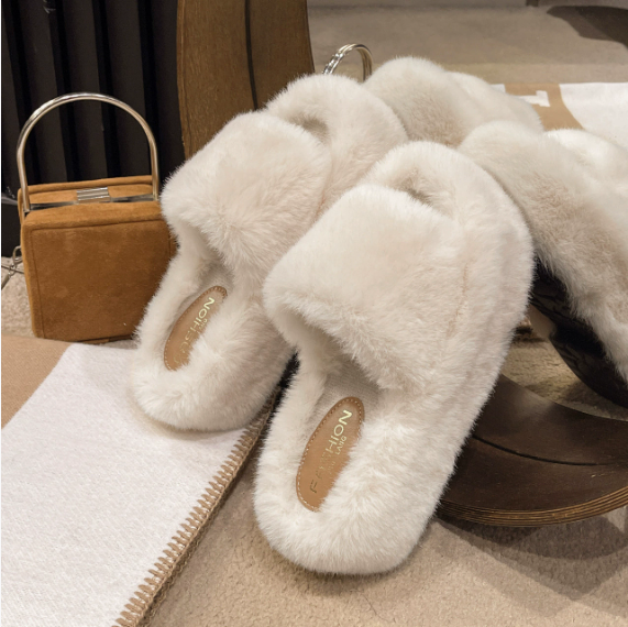 Thick Bottom Furry Hyoma Single Strap Slides Women Outer Wear Wedge Solid Color Sweet Flat Bottom Cotton Slippers