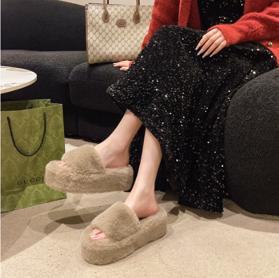 Thick Bottom Furry Hyoma Single Strap Slides Women Outer Wear Wedge Solid Color Sweet Flat Bottom Cotton Slippers