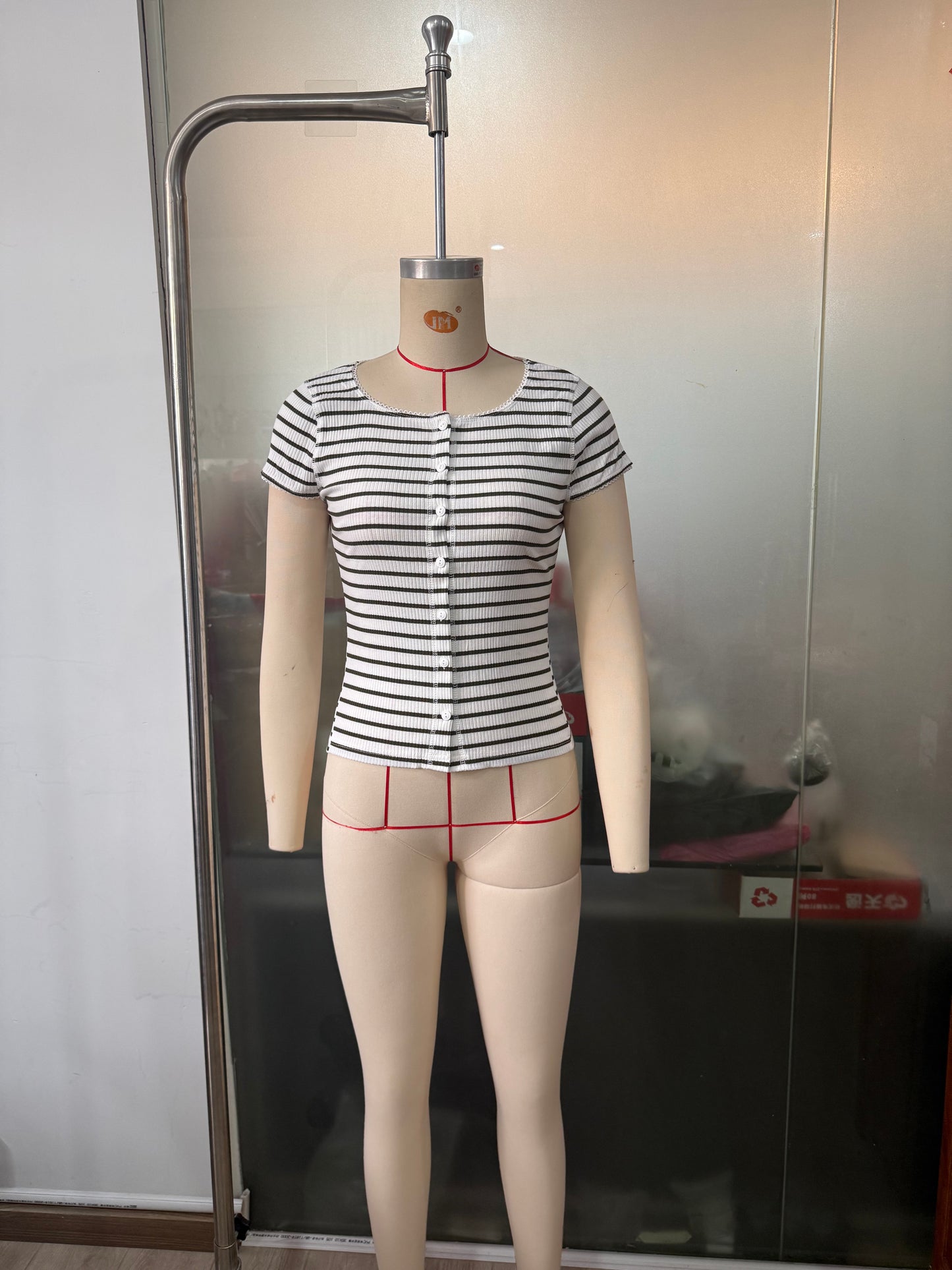 Women round Neck Knitted Sunken Stripe Short Sleeve Button Short Cardigan Striped Top