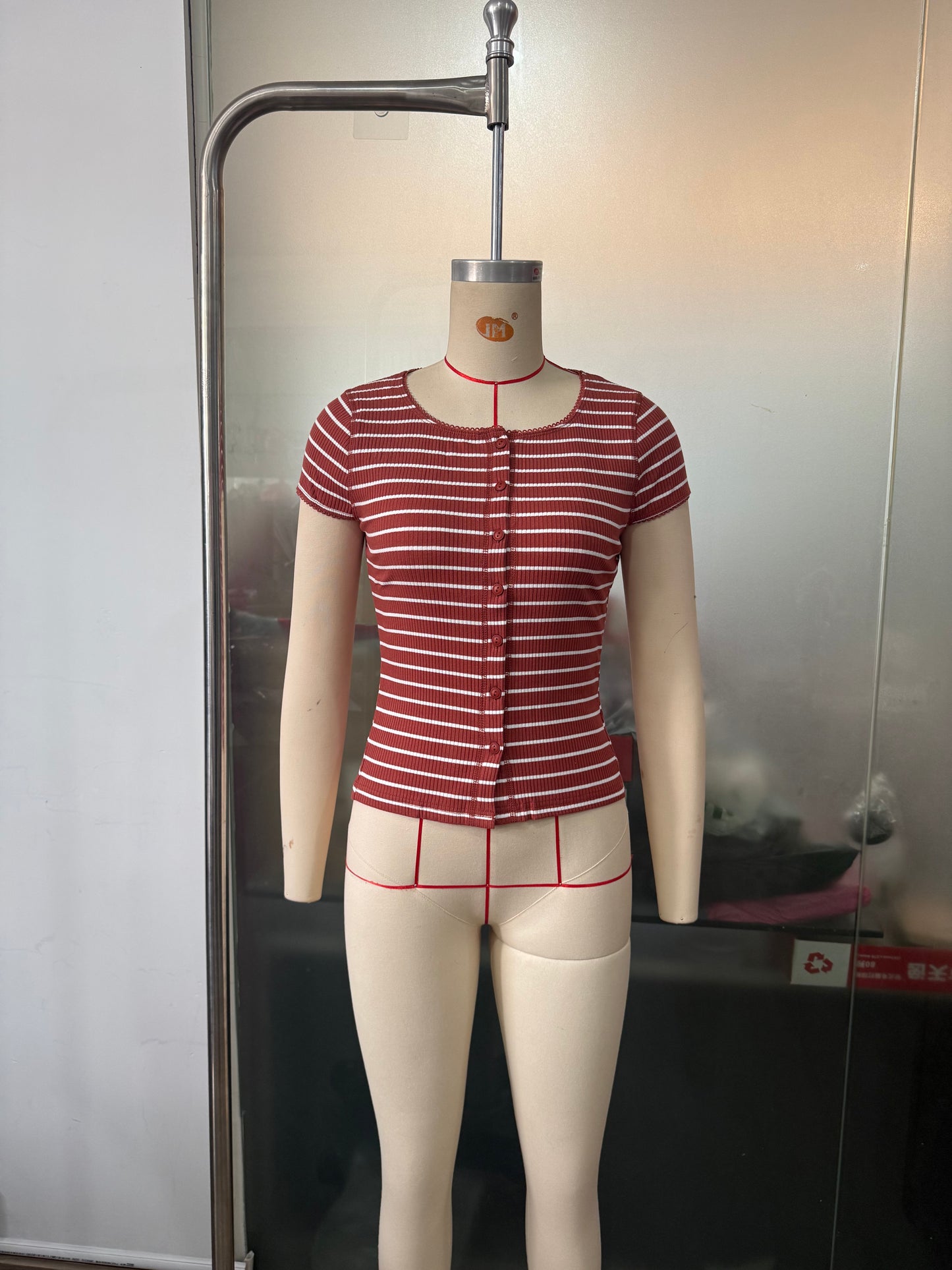 Women round Neck Knitted Sunken Stripe Short Sleeve Button Short Cardigan Striped Top