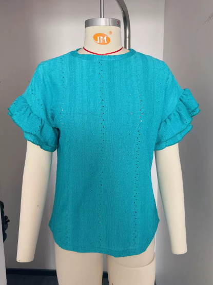 Women Clothing Summer Solid Color round Neck Ruffle Sleeve Short Sleeve T shirt Top