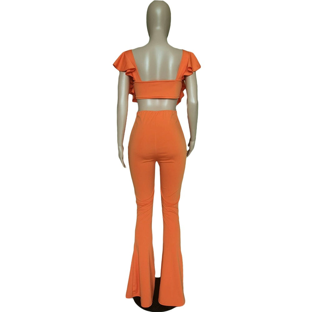 Women Clothing Sexy Women Clothing Flying Sleeves Solid Color Wide Leg Flared Jumpsuit