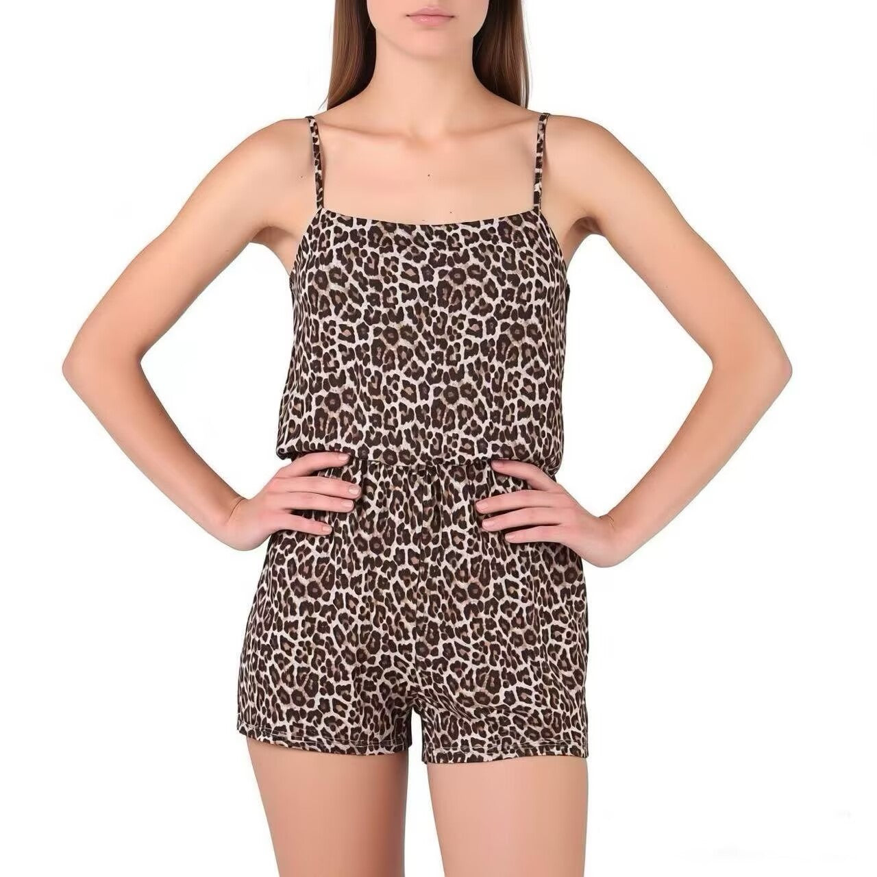 French Retro Elegant Leopard Print Waist Slimming Suspender Jumpsuit Autumn All Matching