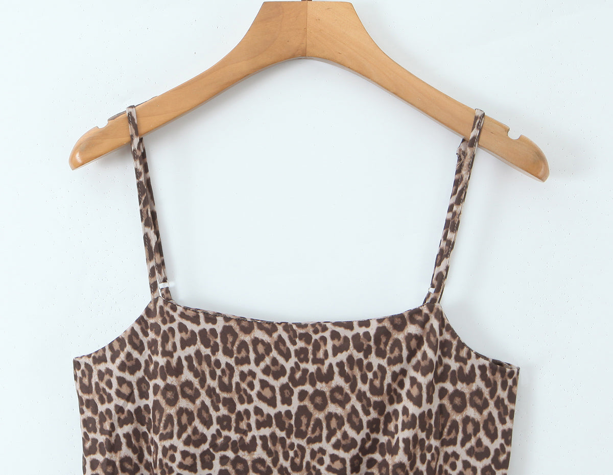French Retro Elegant Leopard Print Waist Slimming Suspender Jumpsuit Autumn All Matching