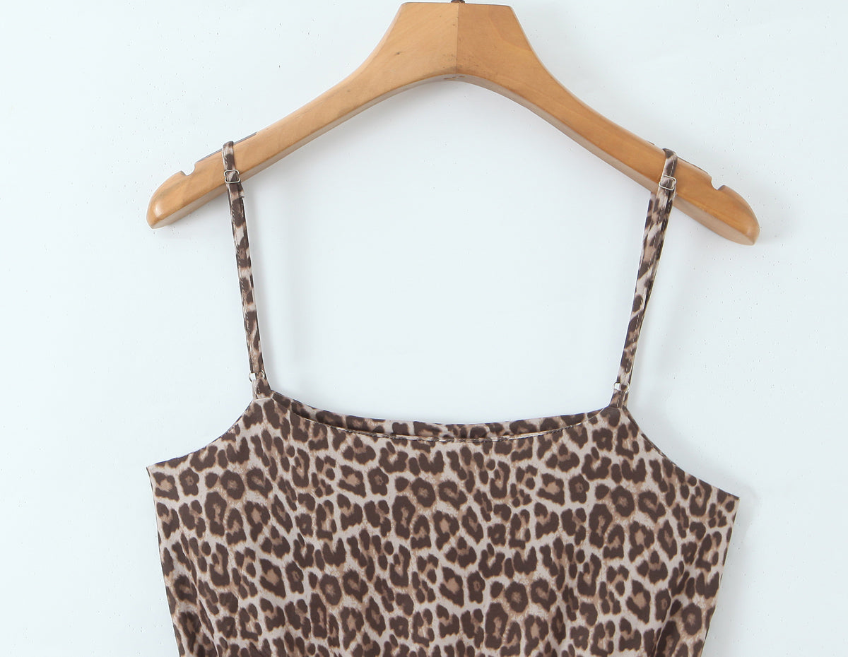 French Retro Elegant Leopard Print Waist Slimming Suspender Jumpsuit Autumn All Matching