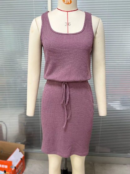Spring Summer Women Solid Color round Neck Vest Drawstring Short Skirt Casual Two Piece Sets