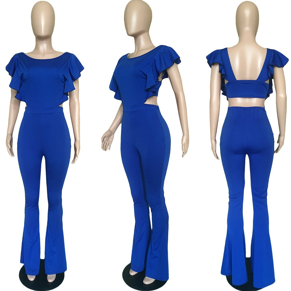 Women Clothing Sexy Women Clothing Flying Sleeves Solid Color Wide Leg Flared Jumpsuit