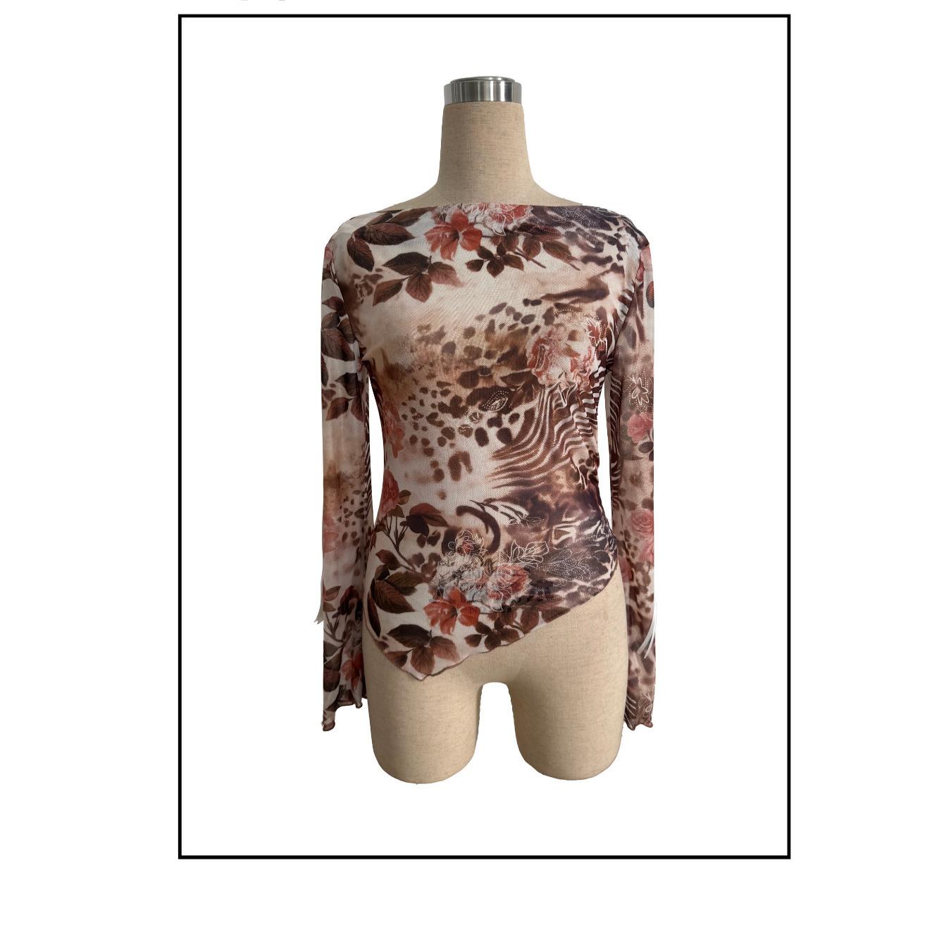Women Top Autumn Winter off Shoulder Floral Floral Print Slit Flared Long Sleeve Irregular Asymmetric