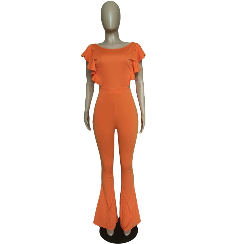 Women Clothing Sexy Women Clothing Flying Sleeves Solid Color Wide Leg Flared Jumpsuit