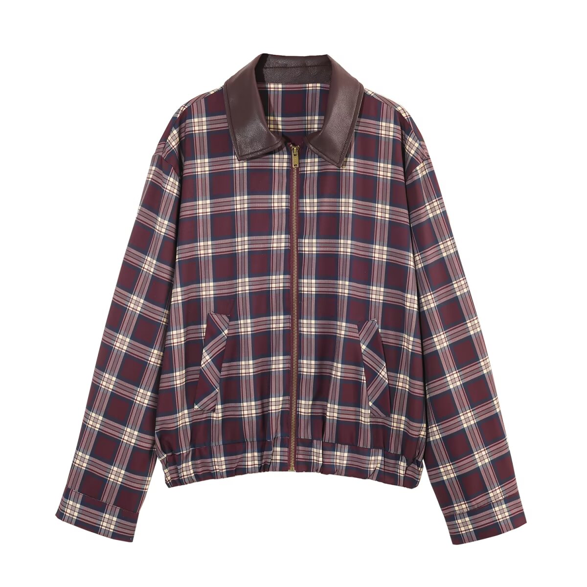Women Leather Effect Plaid Collared Pilot Coat Plaid Wide Pleated Culottes Sets