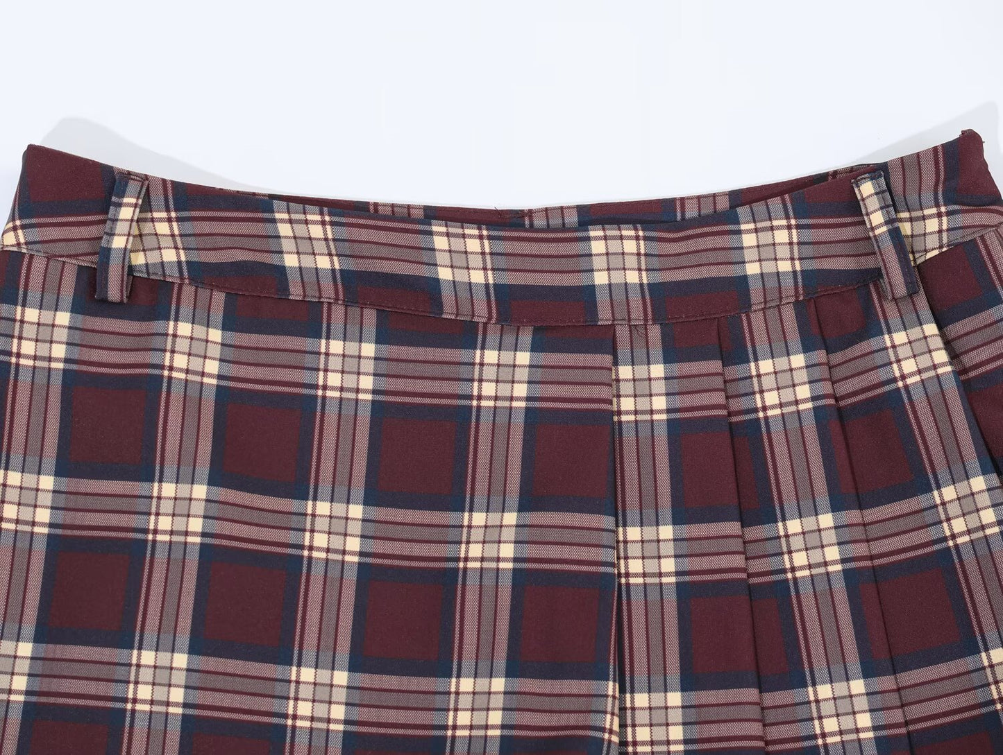 Women Leather Effect Plaid Collared Pilot Coat Plaid Wide Pleated Culottes Sets