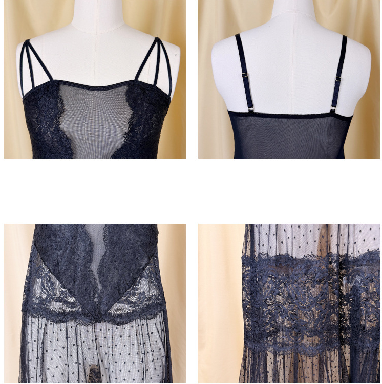 Black Lace Polka Dot Mesh Nightdress Sling Long See through Sexy Pajamas Homewear