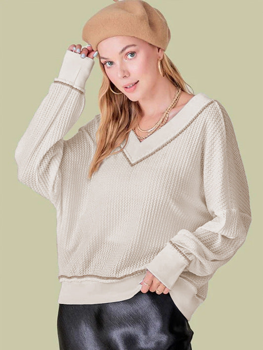 Retro Lazy Waffle Long Sleeved Sweater Loose Women V neck All Matching Top for Women