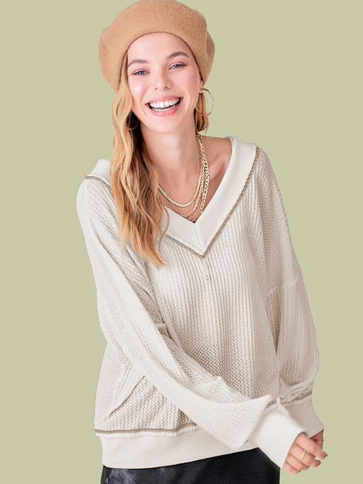 Retro Lazy Waffle Long Sleeved Sweater Loose Women V neck All Matching Top for Women