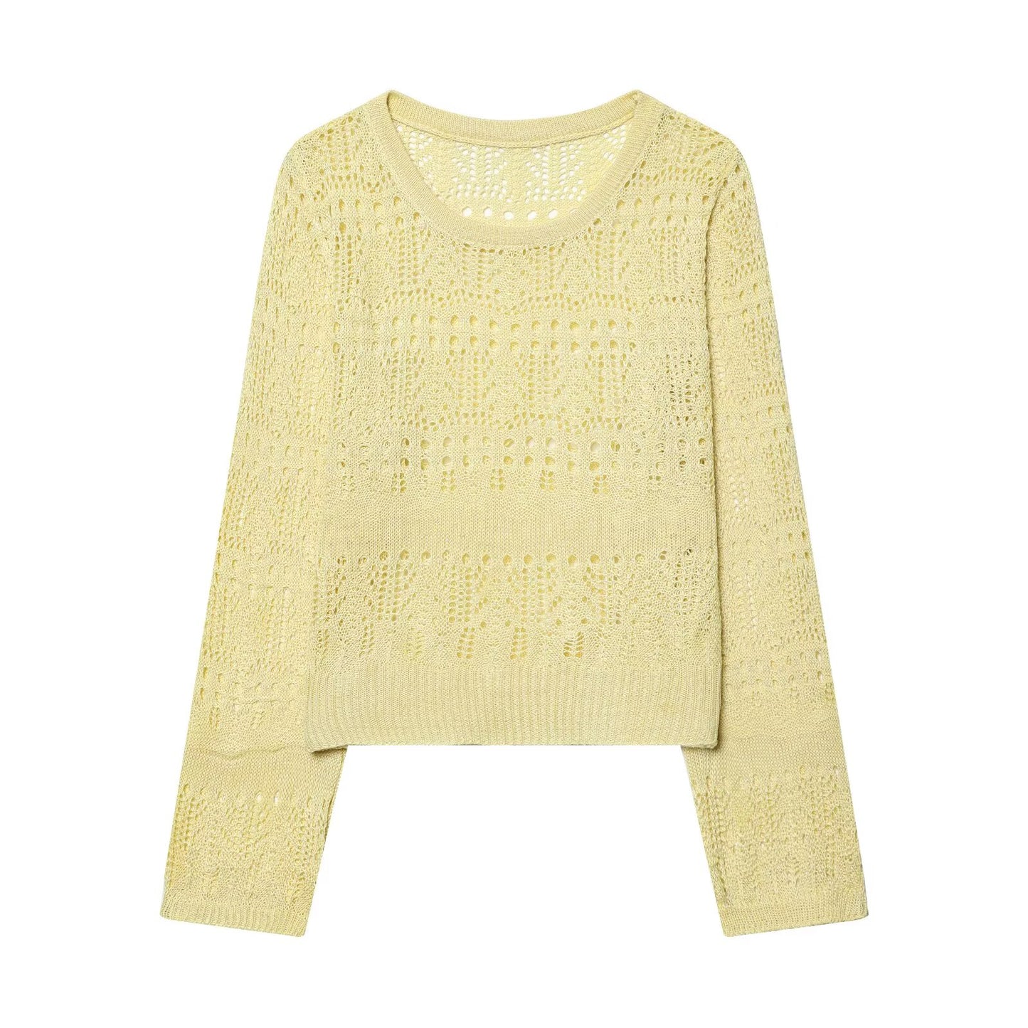 Women Clothing Spring Summer Sweet Girlish Blouse round Neck Long Sleeve Candy Hollow Out Sweater