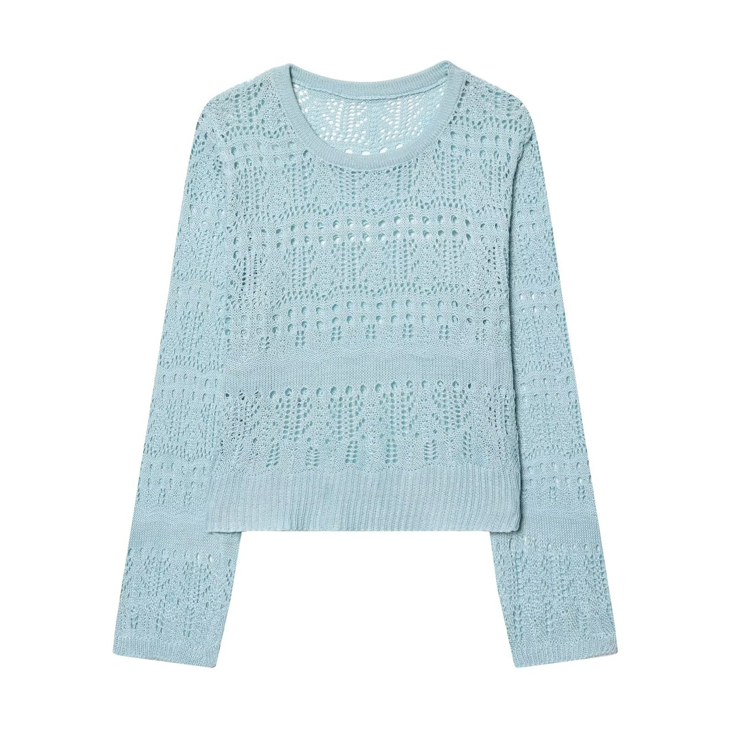 Women Clothing Spring Summer Sweet Girlish Blouse round Neck Long Sleeve Candy Hollow Out Sweater