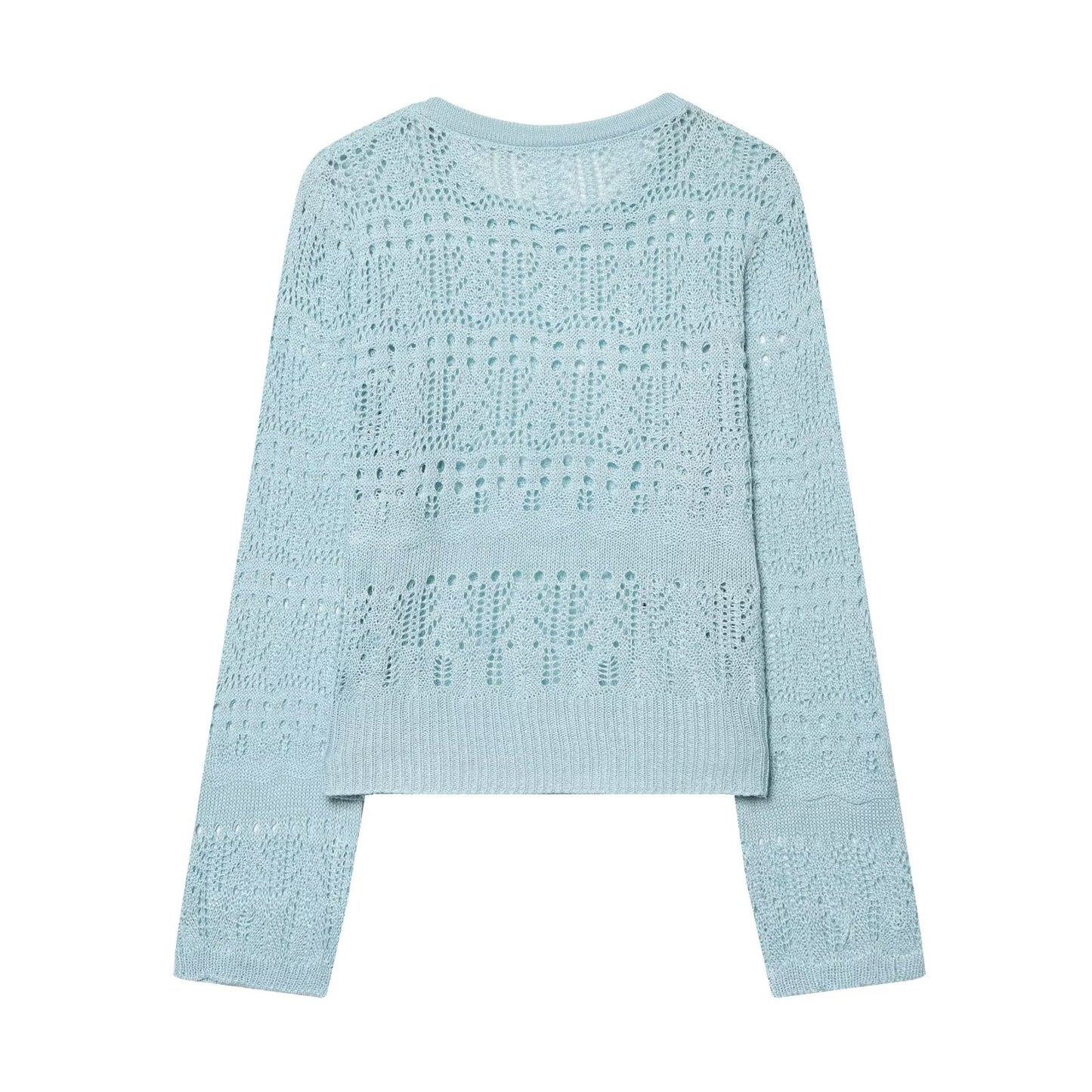 Women Clothing Spring Summer Sweet Girlish Blouse round Neck Long Sleeve Candy Hollow Out Sweater