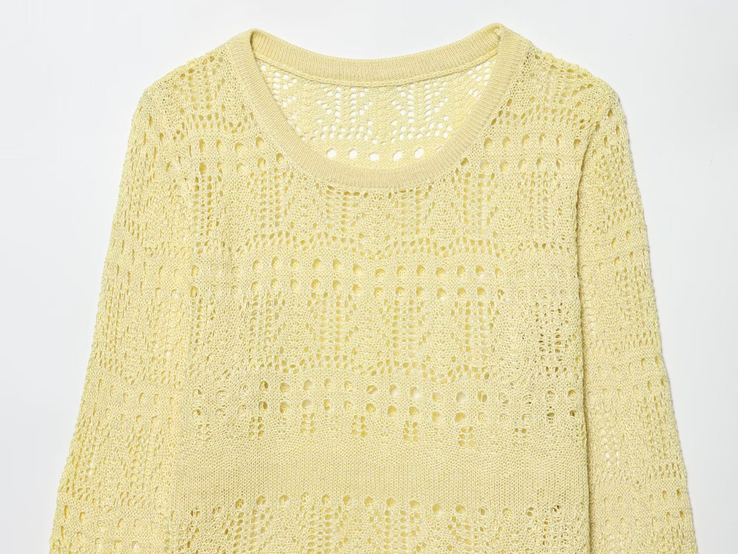 Women Clothing Spring Summer Sweet Girlish Blouse round Neck Long Sleeve Candy Hollow Out Sweater