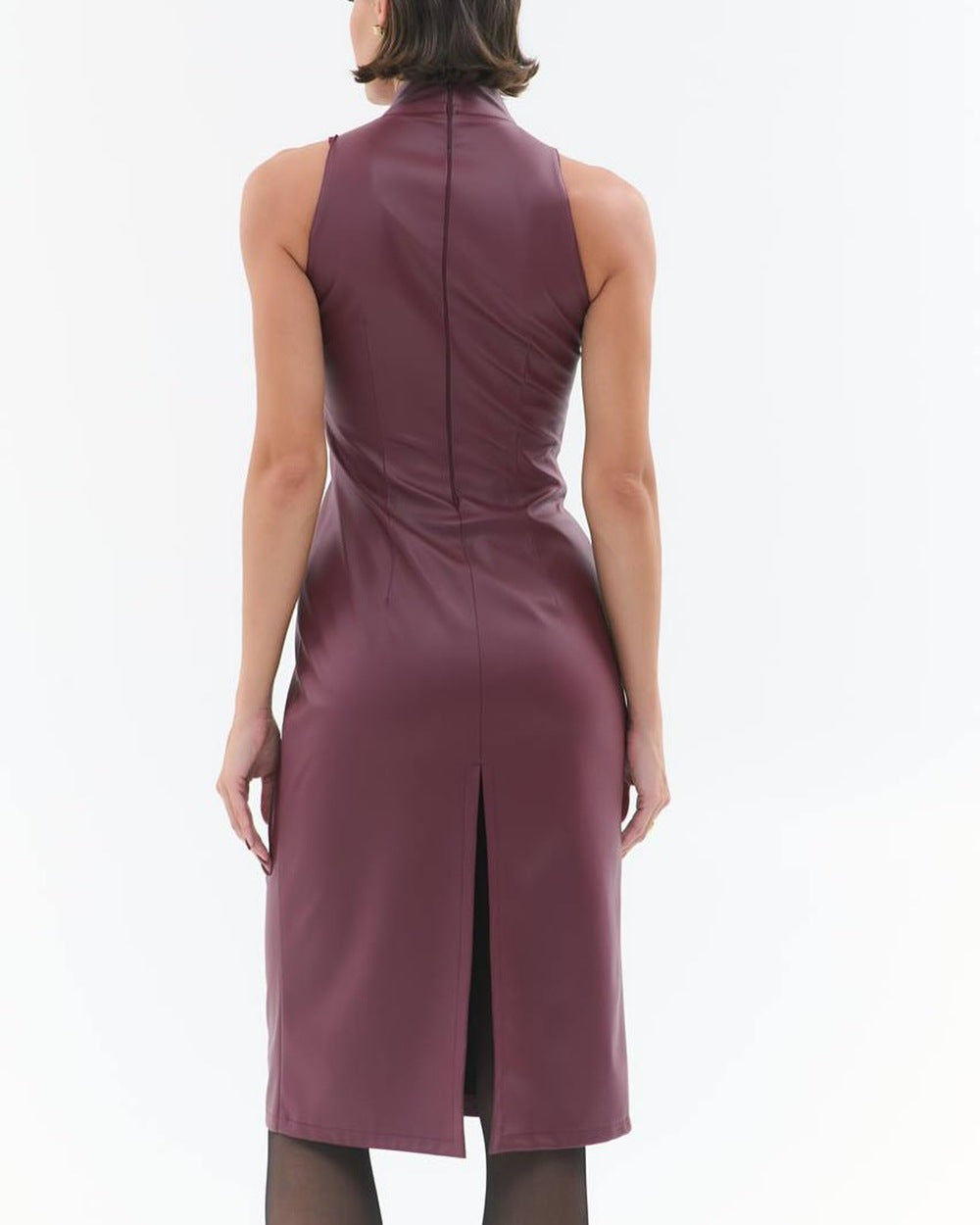 Women Clothing Sleeveless Stand Collar Split Dress Slim Solid Color Faux Leather Dress