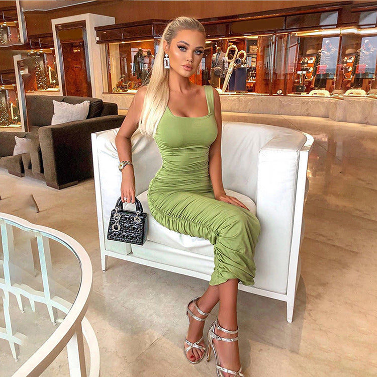 Summer Sexy Women Wear Solid Color Tight Backless Sleeveless Pleated Dress