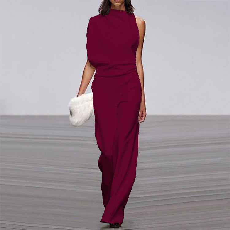 Women Pants Solid Color One Shoulder Pile Collar Jumpsuit Popular Dress Trousers