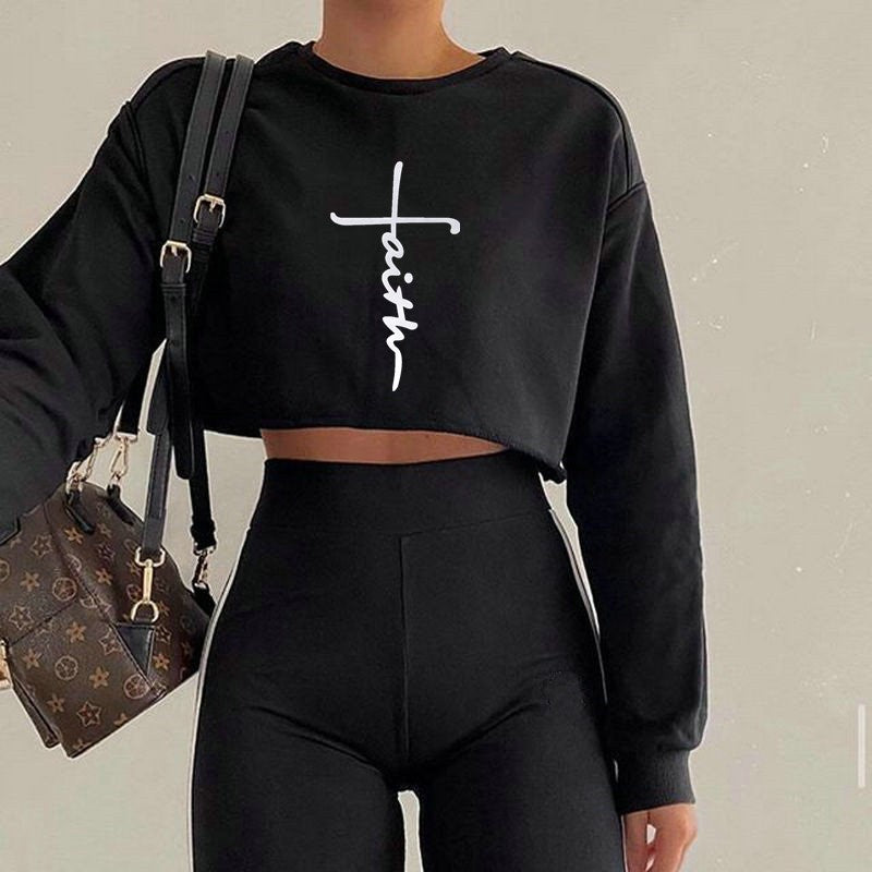 Street Autumn Winter Women Wear Sweatshirt Letter Graphic Print Cropped Long Sleeves Round Neck Top Women