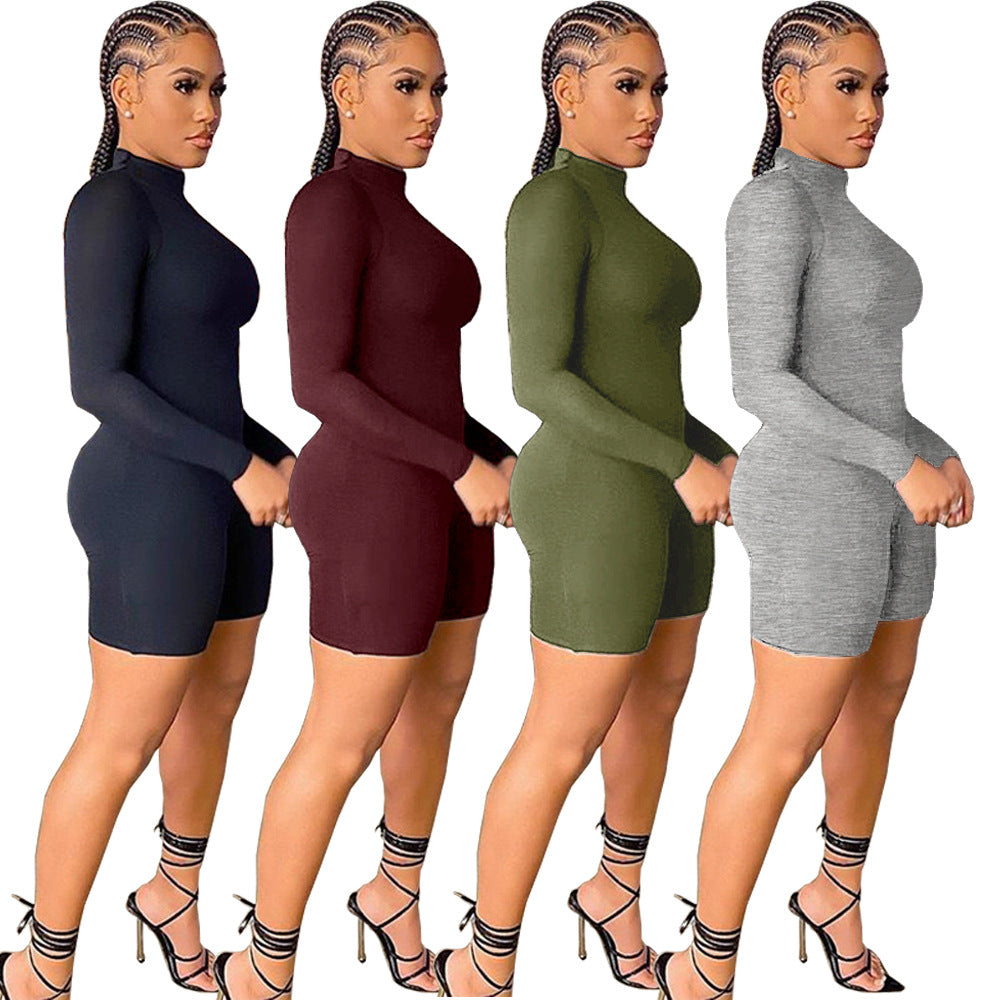 Women Clothing Sexy Nightclub Uniforms Zip-up Turtleneck Exercise Workout Romper