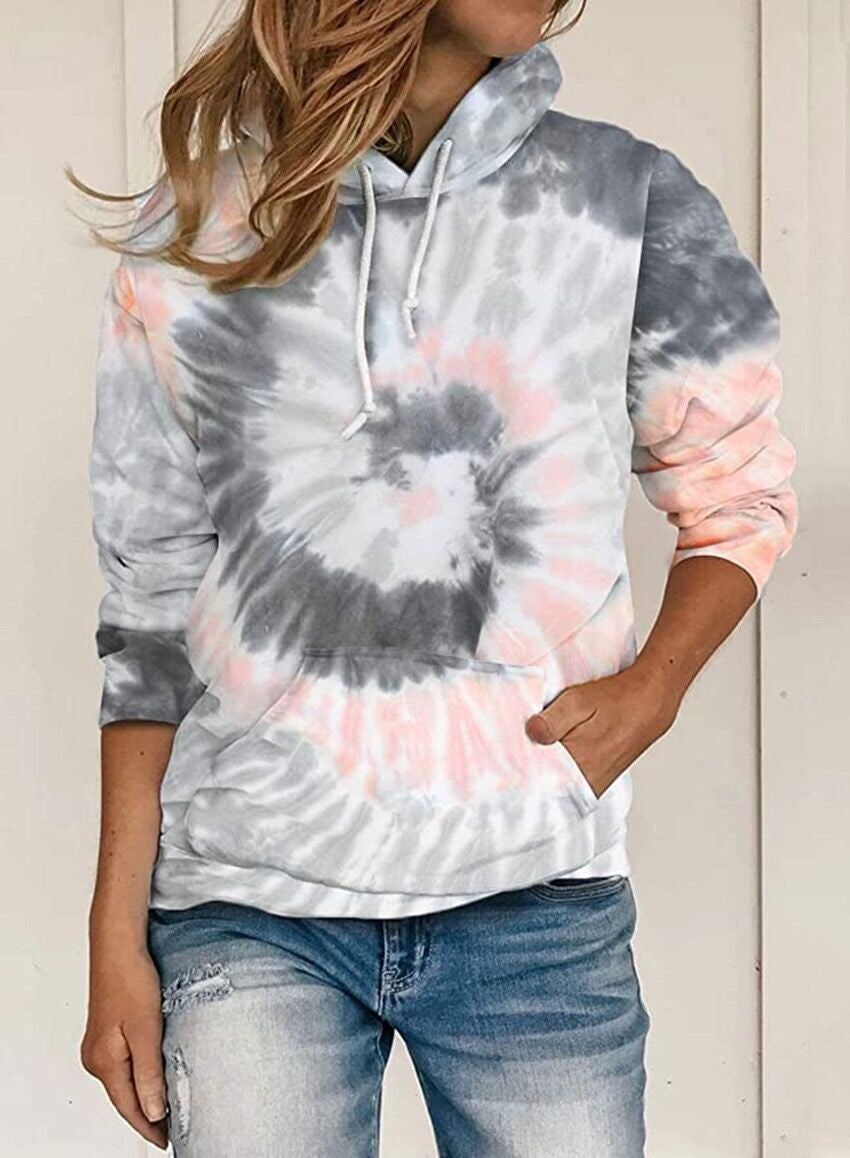 Fall Winter Women Clothing Loose Tie Dye Printed Hooded Long Sleeve Hoodie