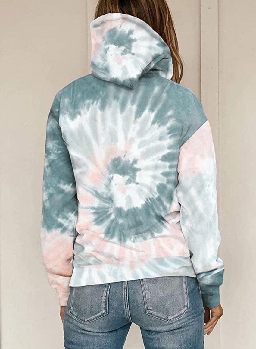 Fall Winter Women Clothing Loose Tie Dye Printed Hooded Long Sleeve Hoodie