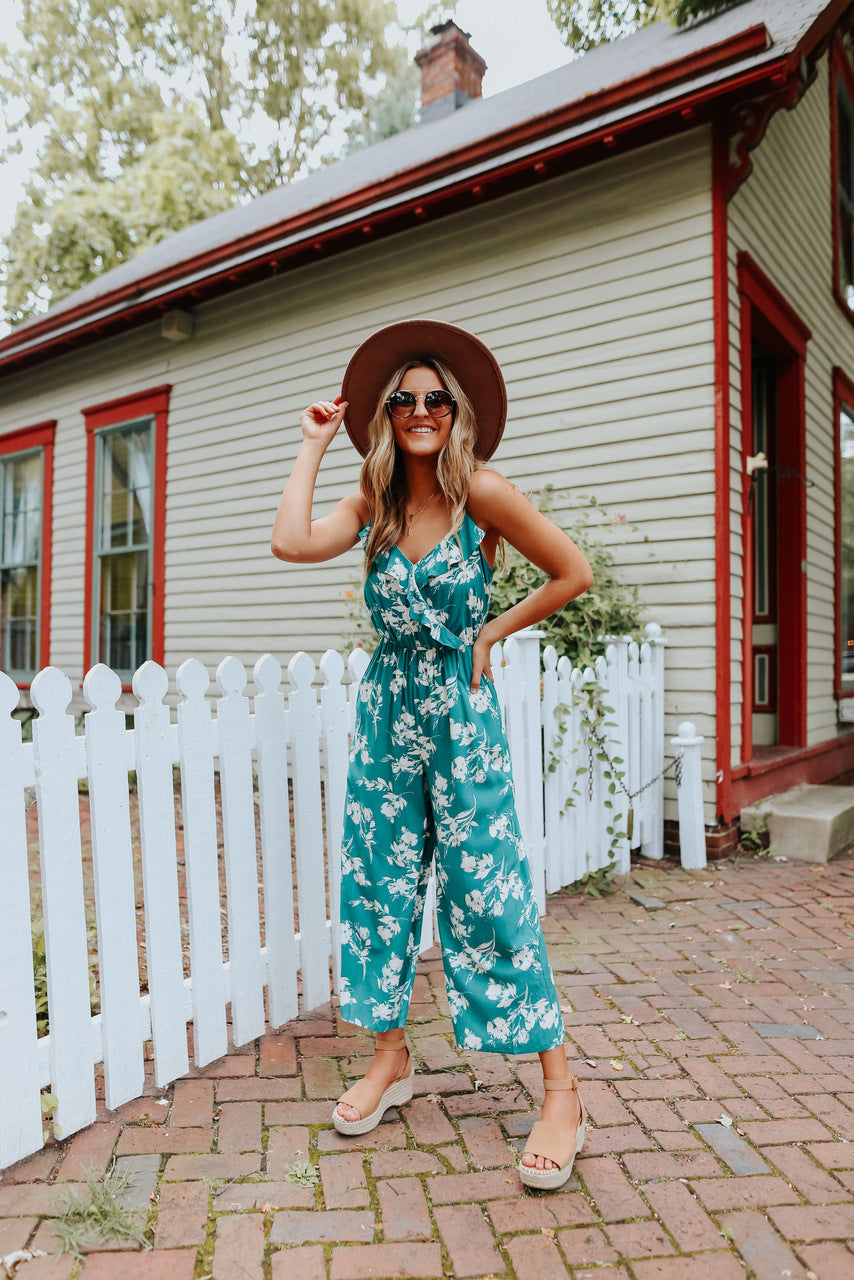 Sexy V neck Strap off the Shoulder Floral One Piece Trousers Multi Color Loose Backless Body Clothes
