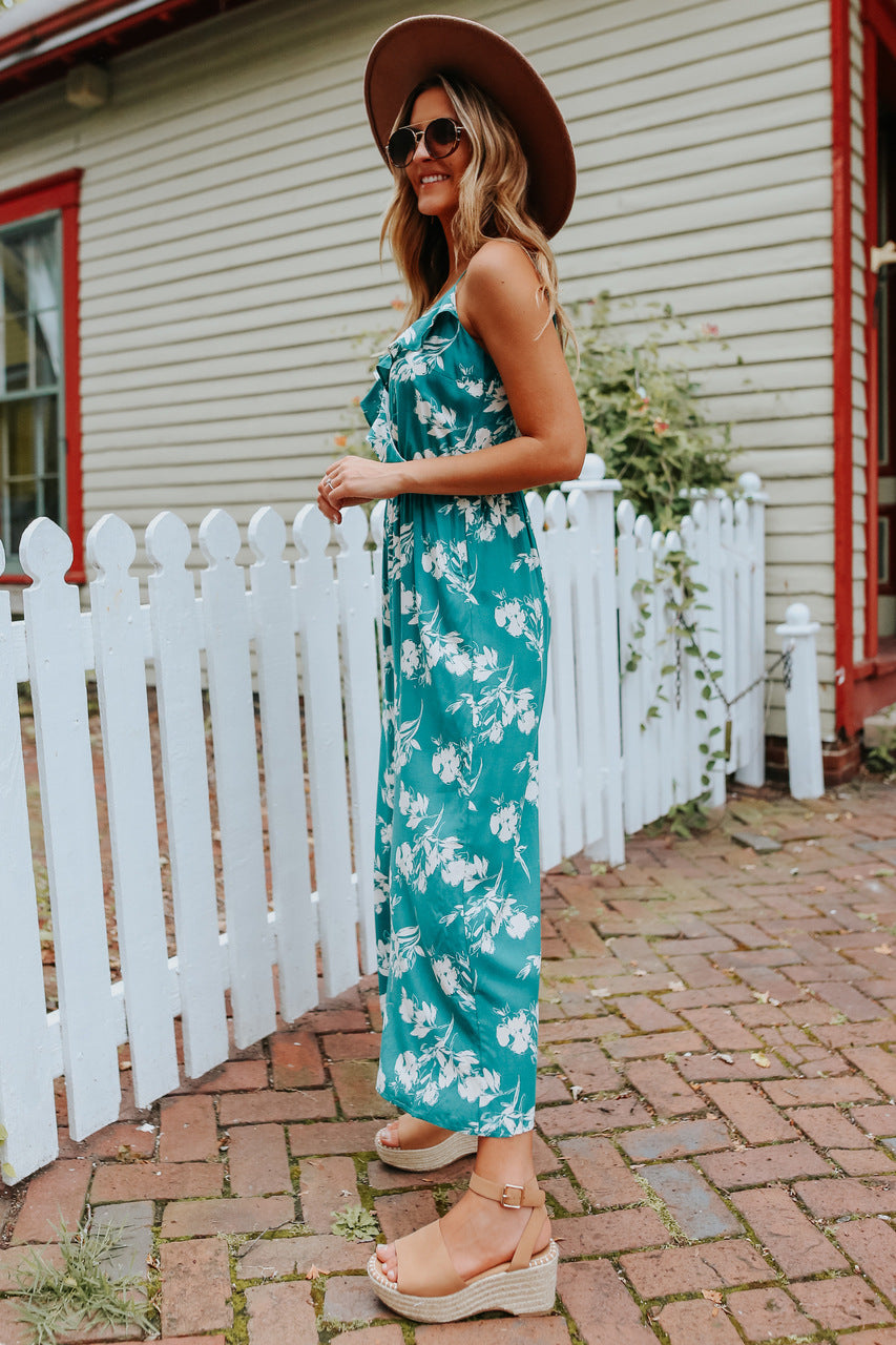 Sexy V neck Strap off the Shoulder Floral One Piece Trousers Multi Color Loose Backless Body Clothes