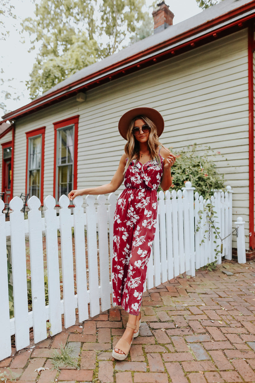 Sexy V neck Strap off the Shoulder Floral One Piece Trousers Multi Color Loose Backless Body Clothes