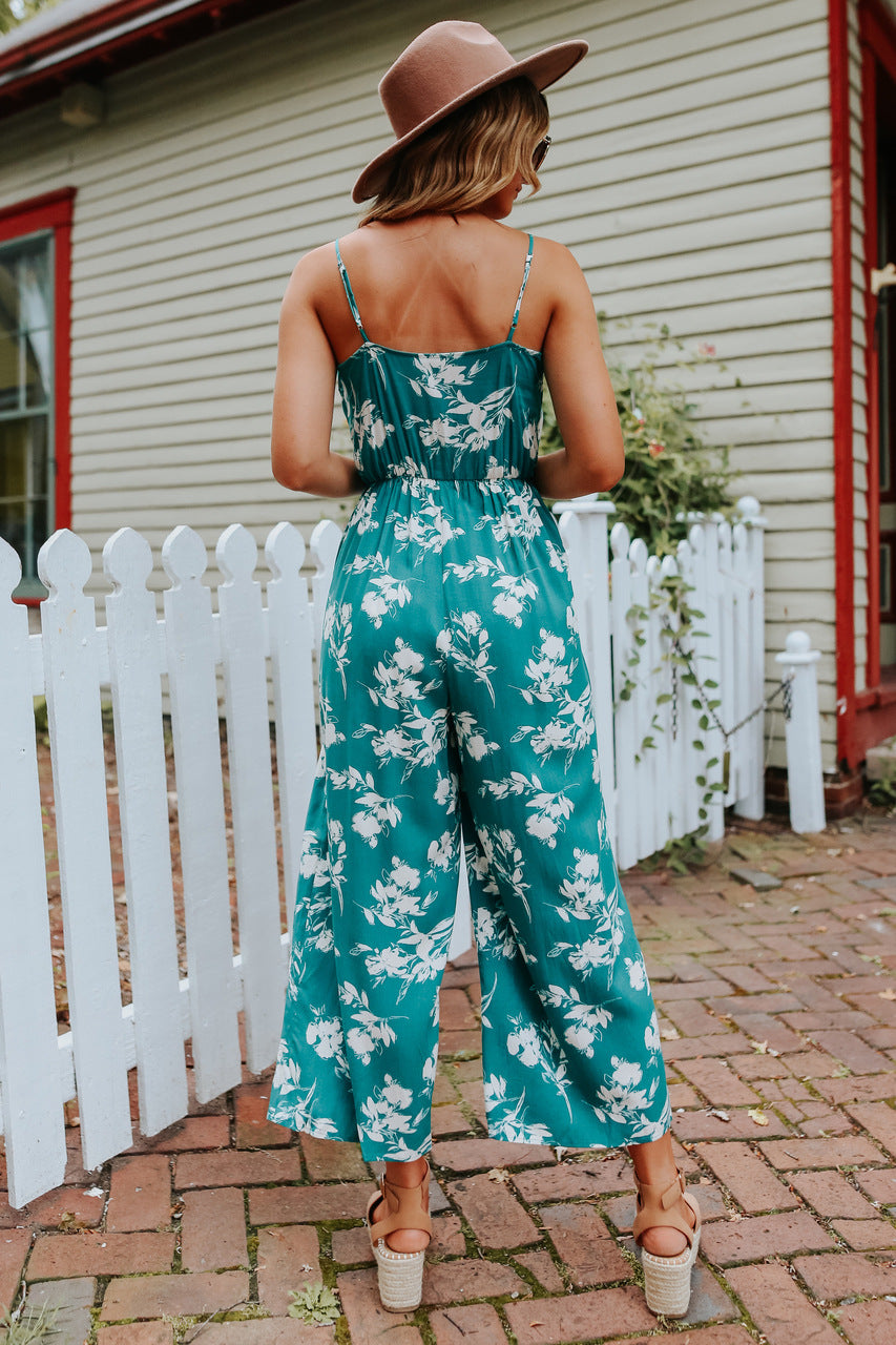 Sexy V neck Strap off the Shoulder Floral One Piece Trousers Multi Color Loose Backless Body Clothes