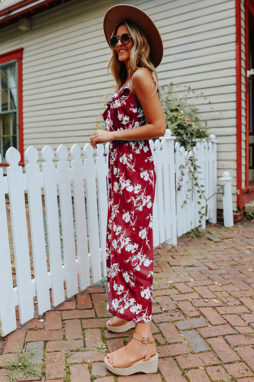 Sexy V neck Strap off the Shoulder Floral One Piece Trousers Multi Color Loose Backless Body Clothes
