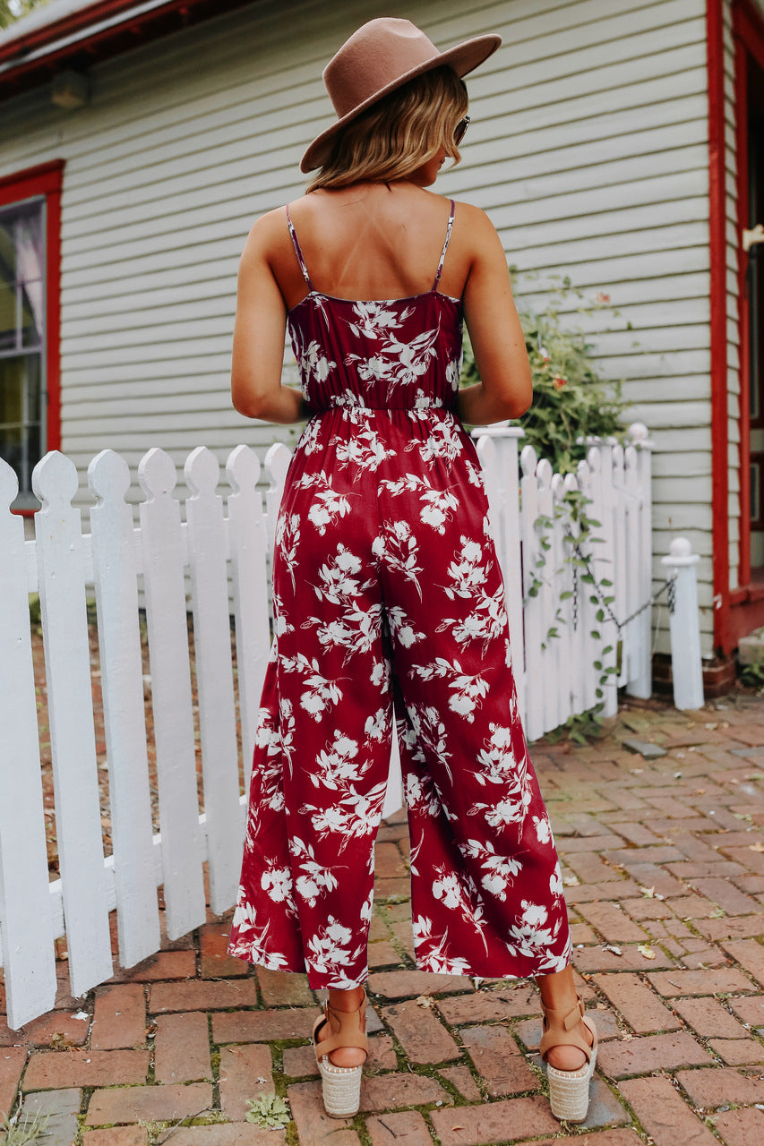 Sexy V neck Strap off the Shoulder Floral One Piece Trousers Multi Color Loose Backless Body Clothes