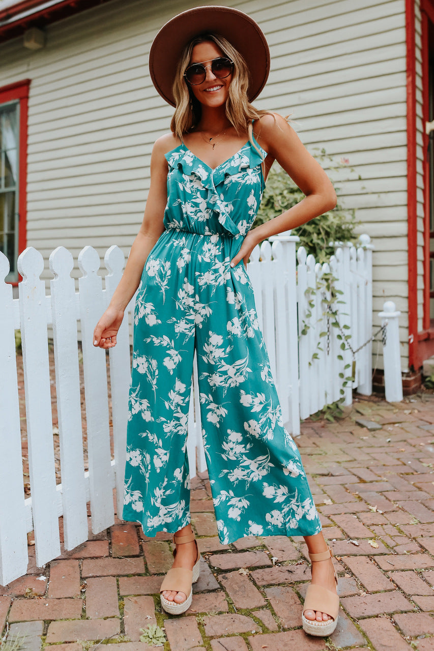 Sexy V neck Strap off the Shoulder Floral One Piece Trousers Multi Color Loose Backless Body Clothes